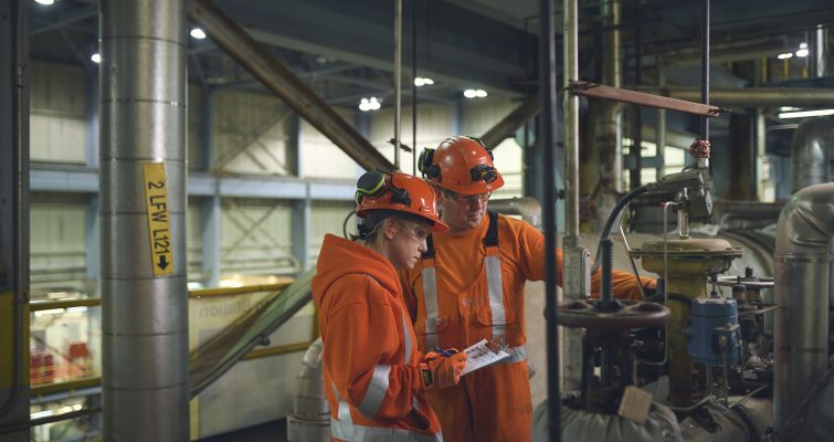 Photo of two workers, one male and one female, both in hard hats, safety glasses and orange protective clothing, examining equipment inside a hydroelectric facility.