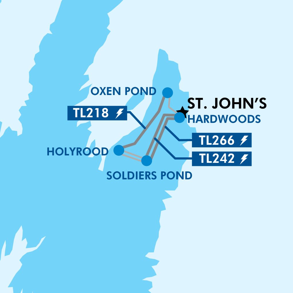 Blue map of the St. John's area showing three transmission lines that service the region.