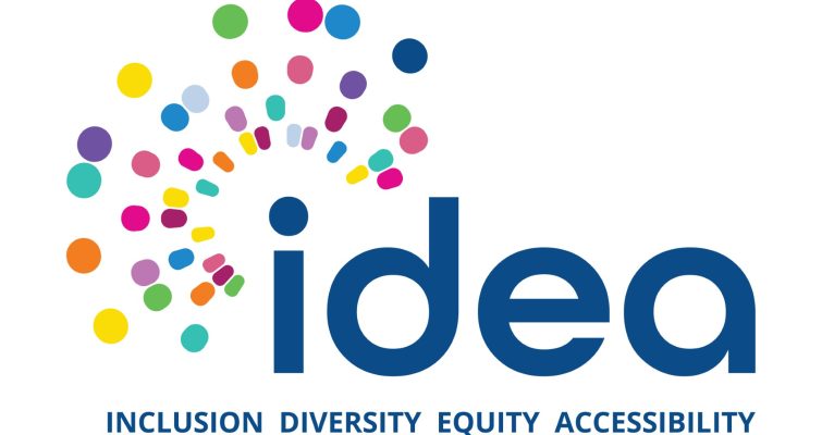 IDEA logo. IDEA word is in blue, surrounded by dots of various colours.