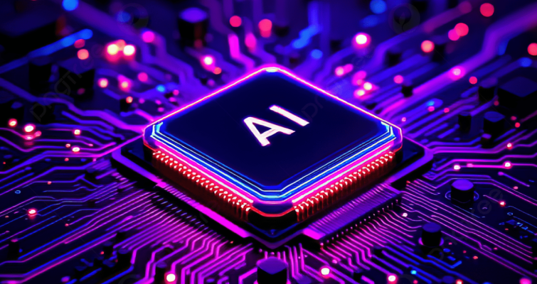 Computer chip with AI written on top, surrounded by bright colours.