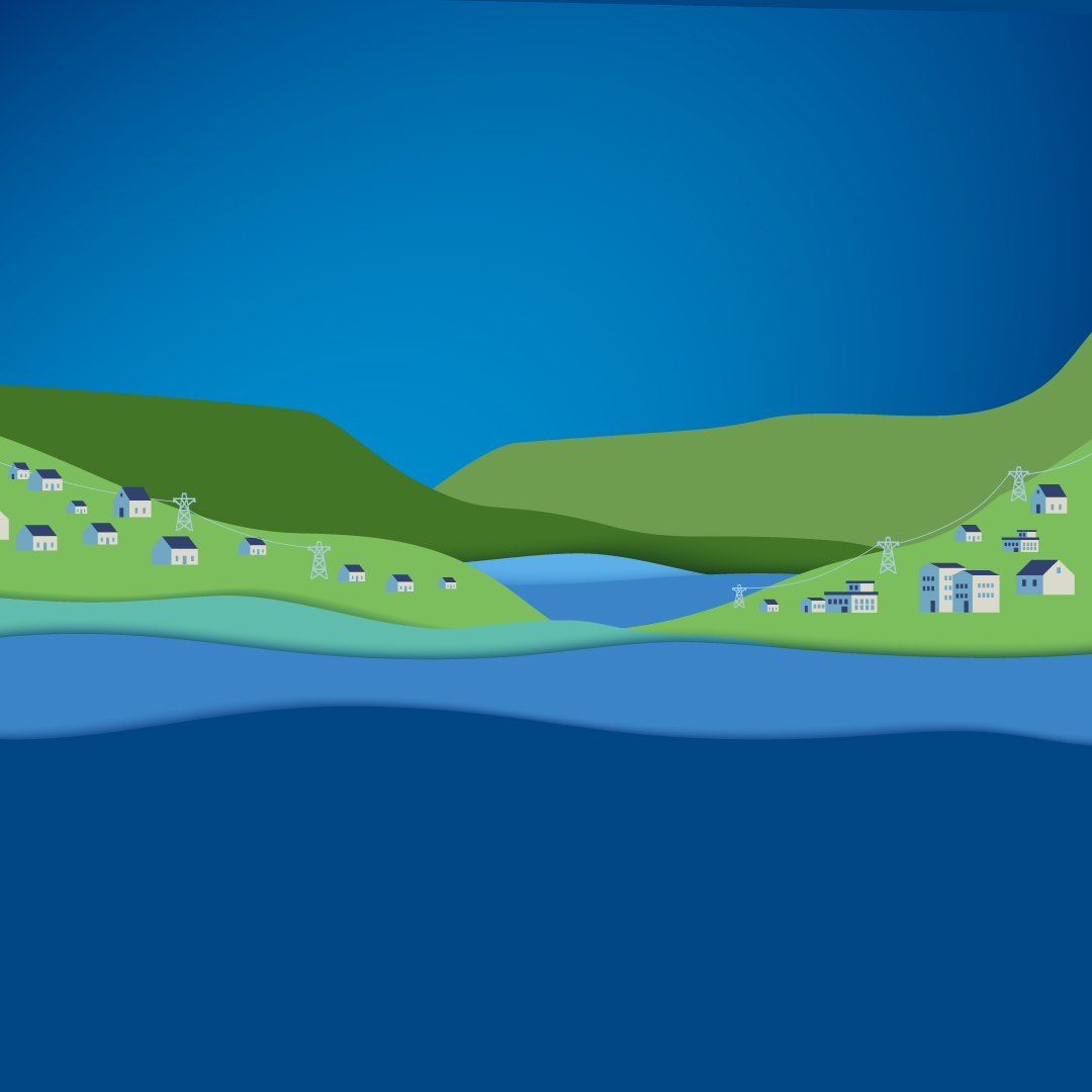 Graphic showing green hills, blue sky and green water.