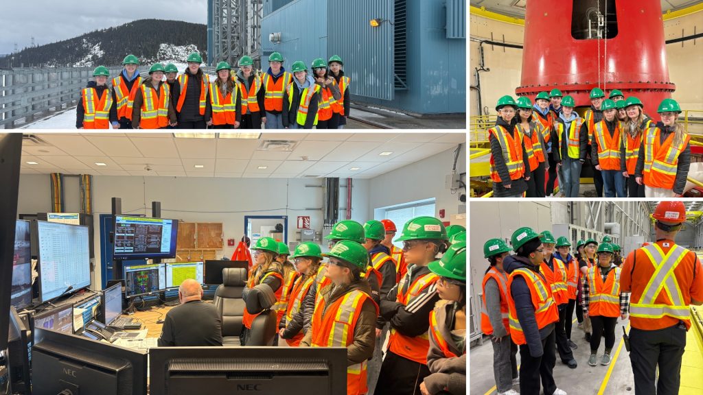 A collage of four pictures. In each a group of eleven students wear reflective vests and green hard hats. They are standing in front of various parts of the Muskrat Falls Station.