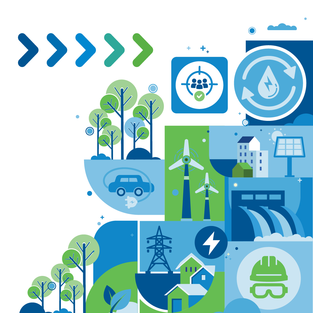 Graphic image featuring small graphics of houses, trees, transmission lines, power plants in a green and blue colour palette.