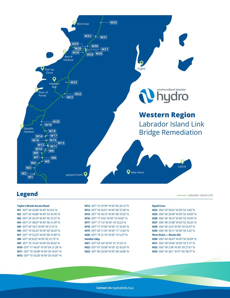 Map showing key bridge repair areas along the Labrador Island Link access corridor in Western Newfoundland.